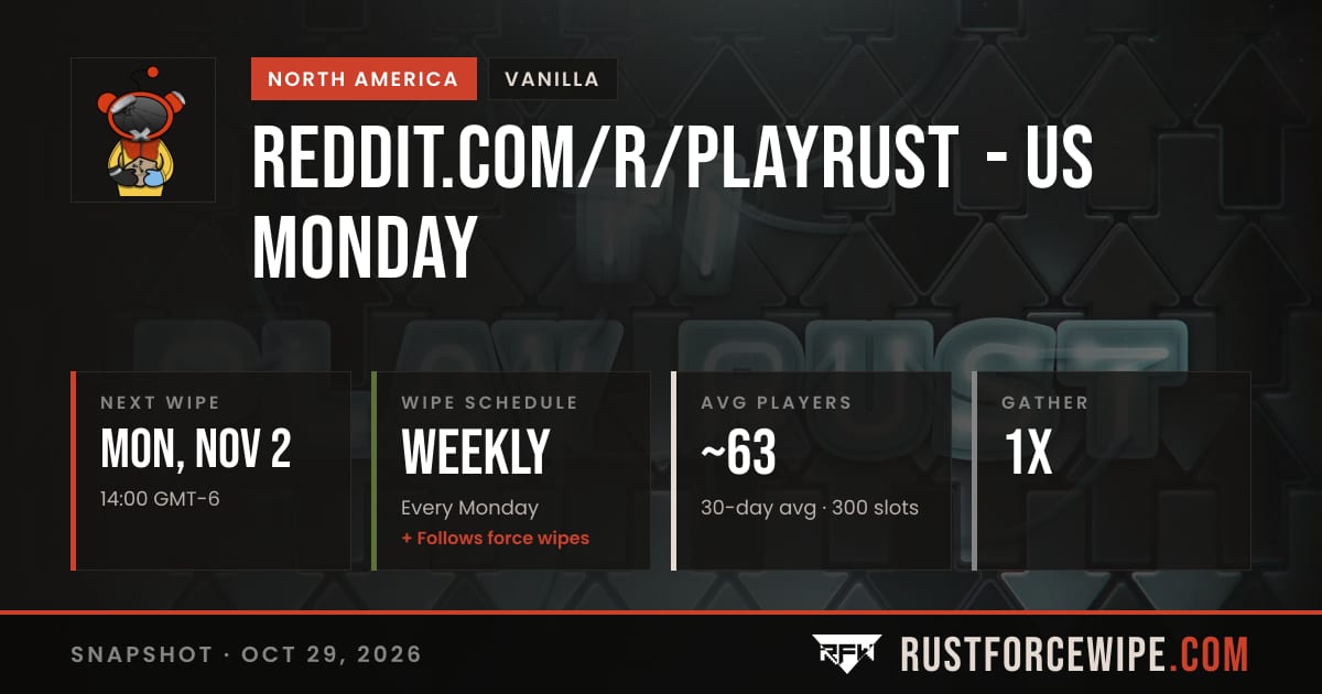 Reddit.com/r/PlayRust - US Monday – Wipe Schedule & Server Info | Rust ...